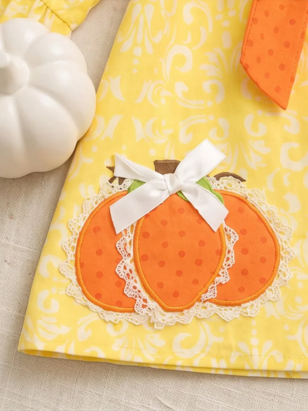 Pumpkin Bow Adorable Cotton Long Sleeve Fall Dress